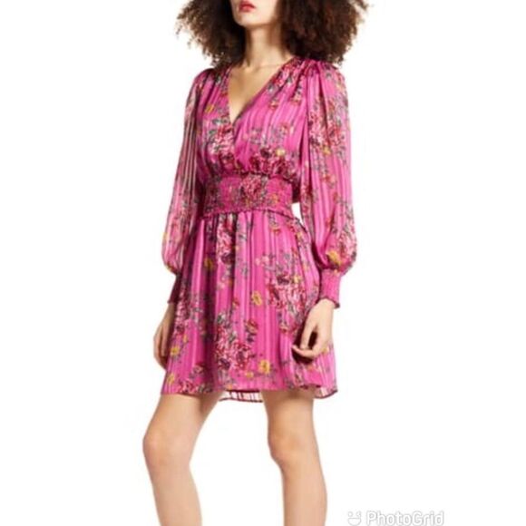 WAYF Pink Floral Long Sleeve Mini Dress Cocktail Party Low Back Satin XS New - Picture 1 of 15